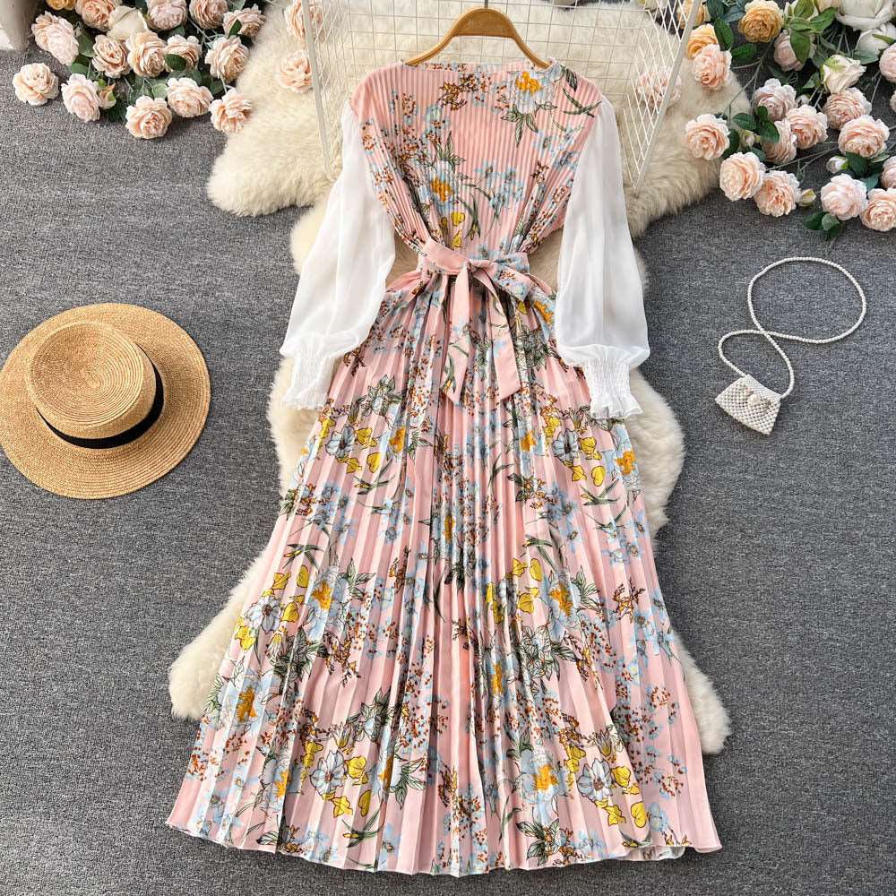 Women's Vintage Floral Pattern Print Long Sleeve Dress with Belt - ChoreGirl