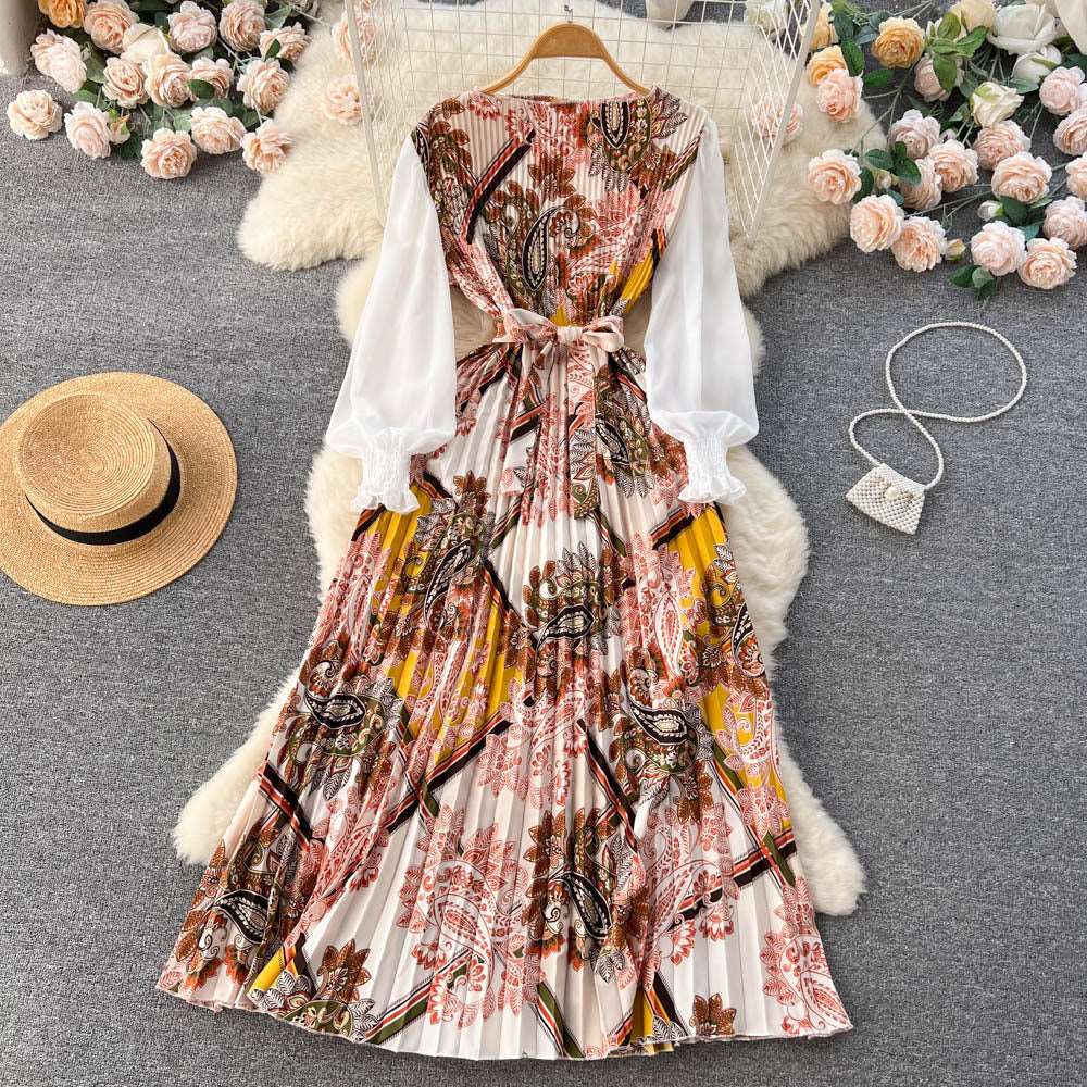 Women's Vintage Floral Pattern Print Long Sleeve Dress with Belt - ChoreGirl