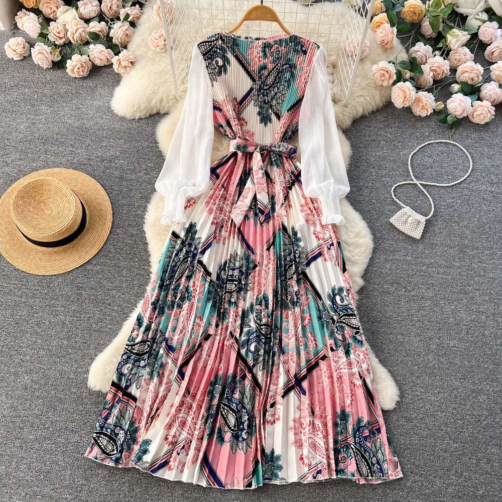 Women's Vintage Floral Pattern Print Long Sleeve Dress with Belt - ChoreGirl