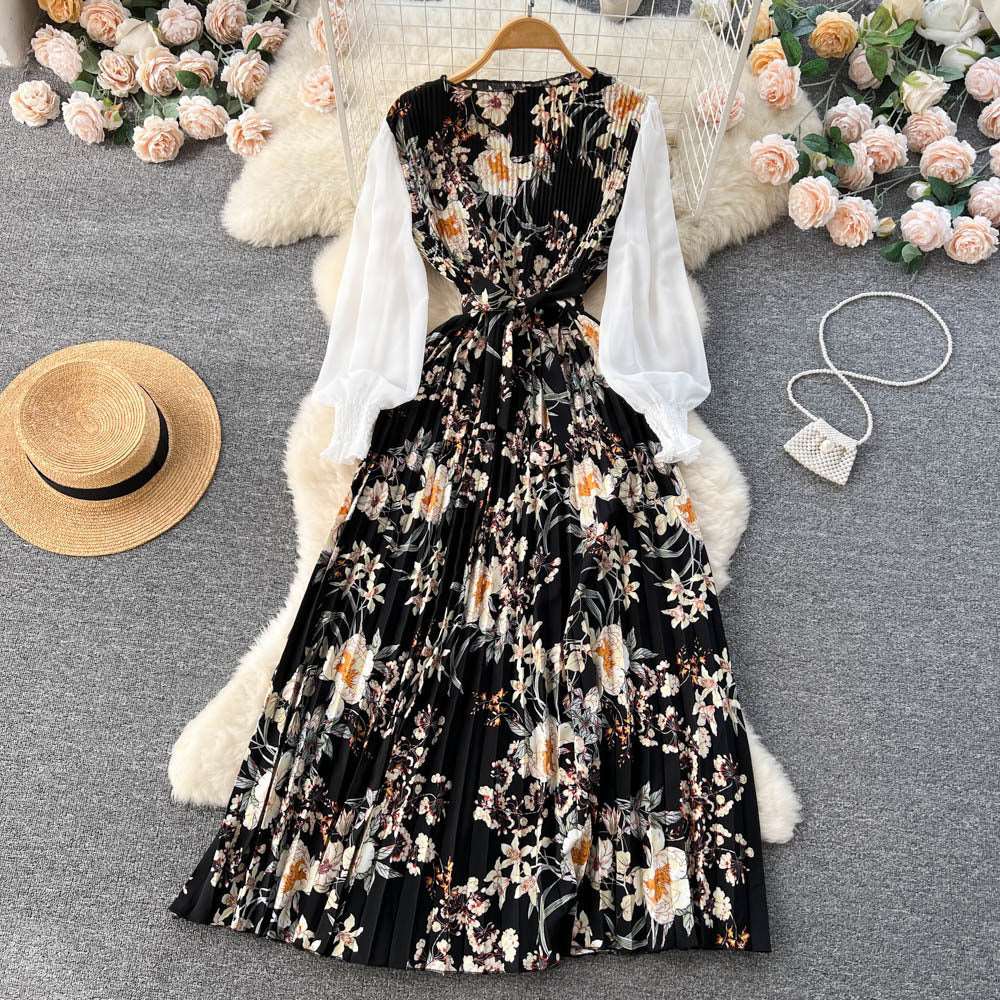 Women's Vintage Floral Pattern Print Long Sleeve Dress with Belt - ChoreGirl