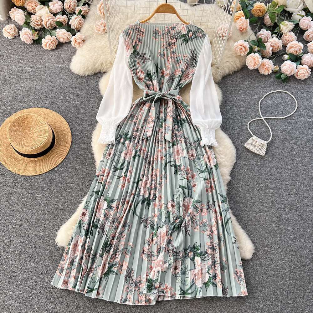 Women's Vintage Floral Pattern Print Long Sleeve Dress with Belt - ChoreGirl