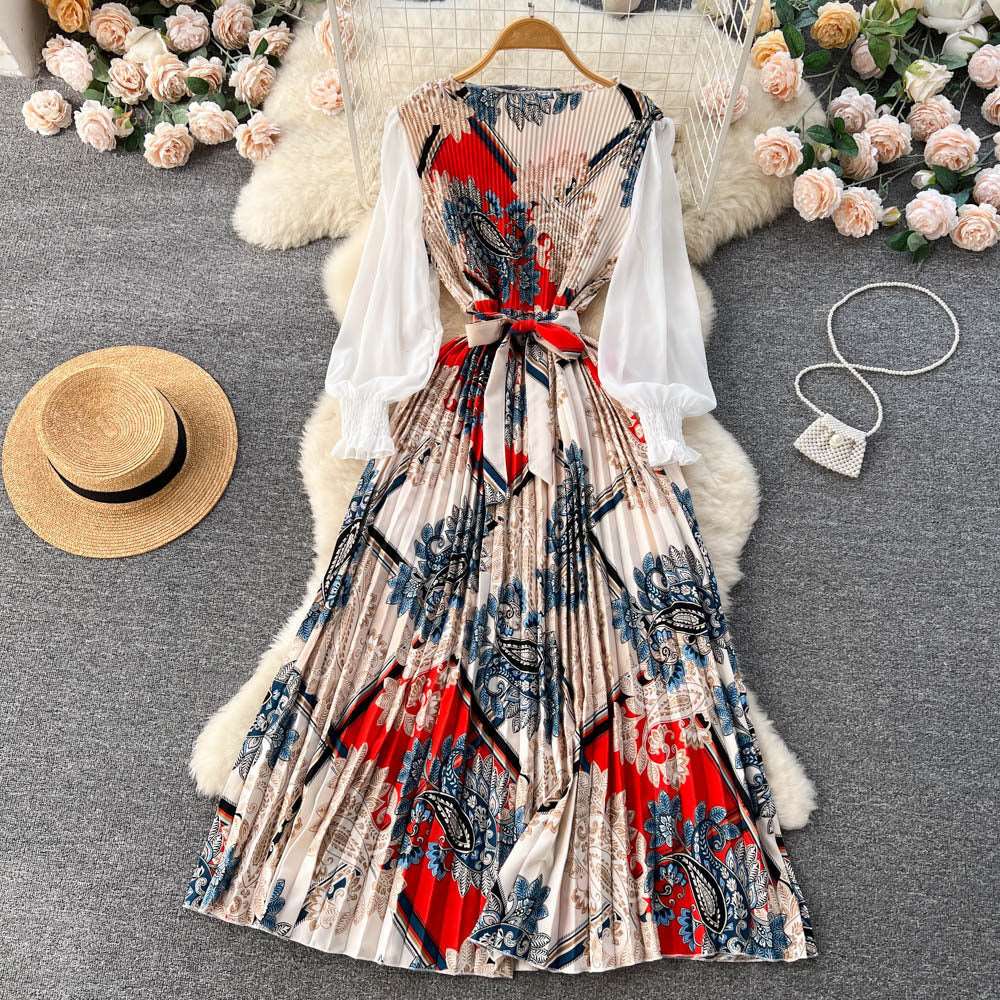 Women's Vintage Floral Pattern Print Long Sleeve Dress with Belt - ChoreGirl