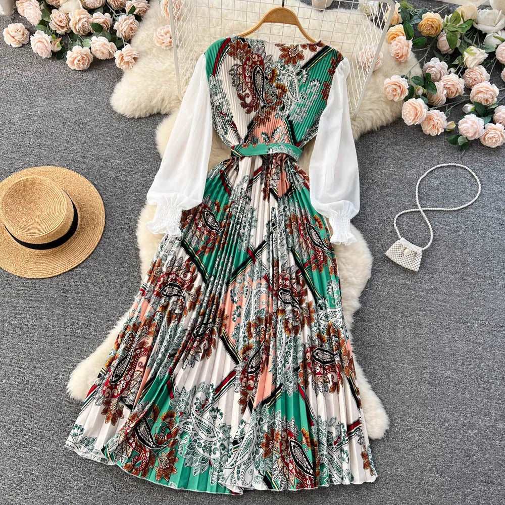 Women's Vintage Floral Pattern Print Long Sleeve Dress with Belt - ChoreGirl