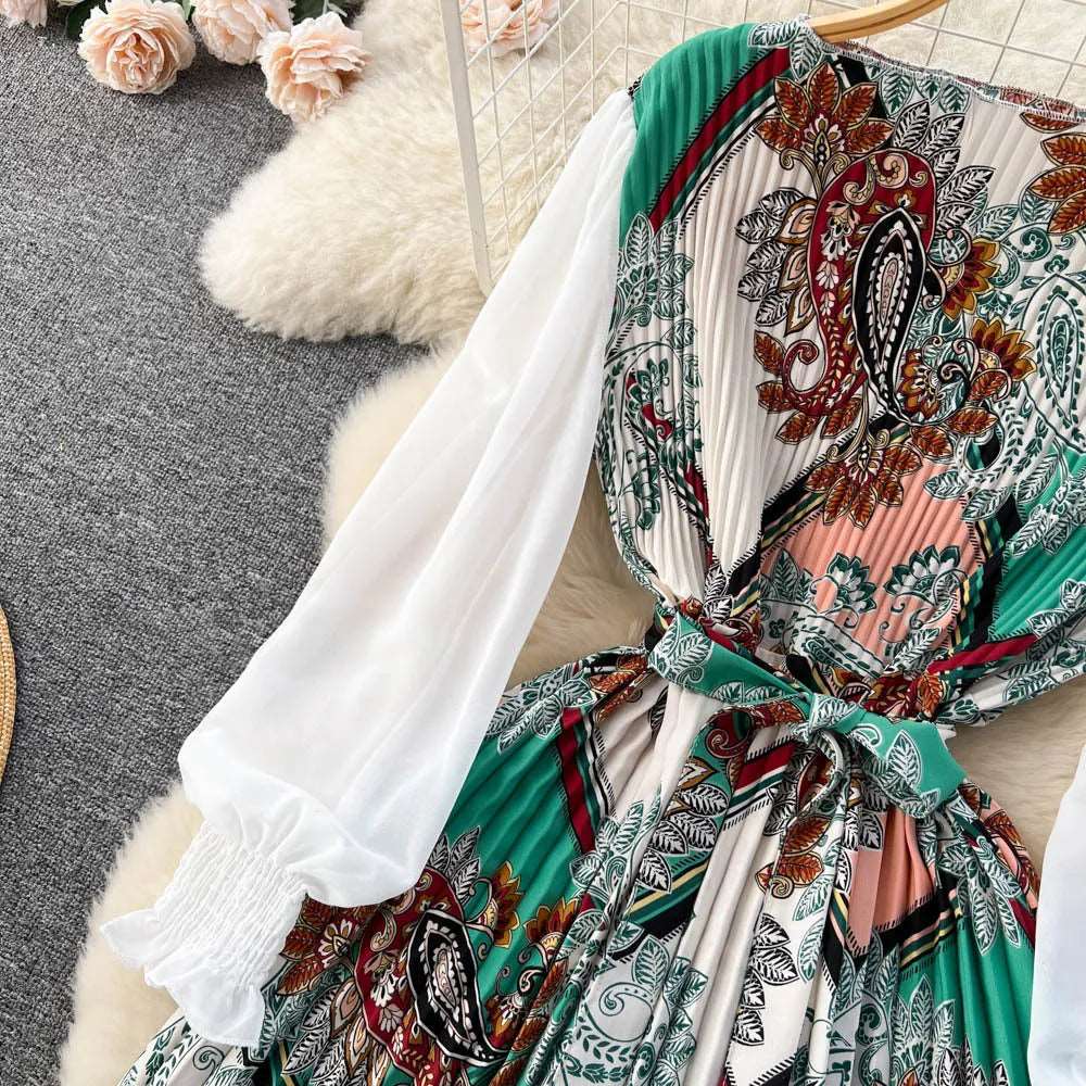 Women's Vintage Floral Pattern Print Long Sleeve Dress with Belt - ChoreGirl