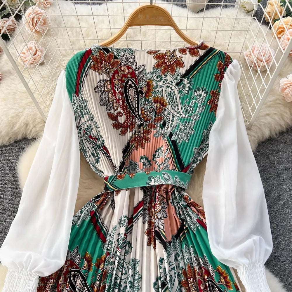 Women's Vintage Floral Pattern Print Long Sleeve Dress with Belt - ChoreGirl