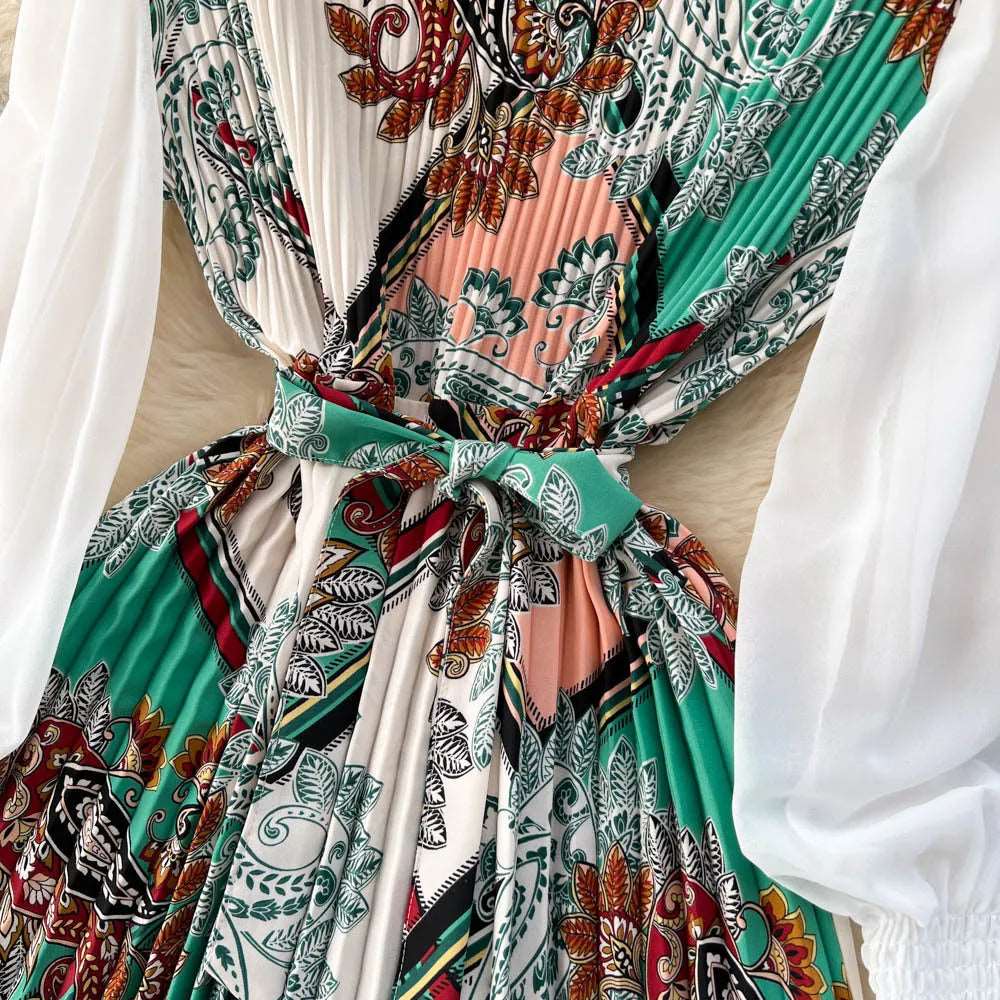 Women's Vintage Floral Pattern Print Long Sleeve Dress with Belt - ChoreGirl