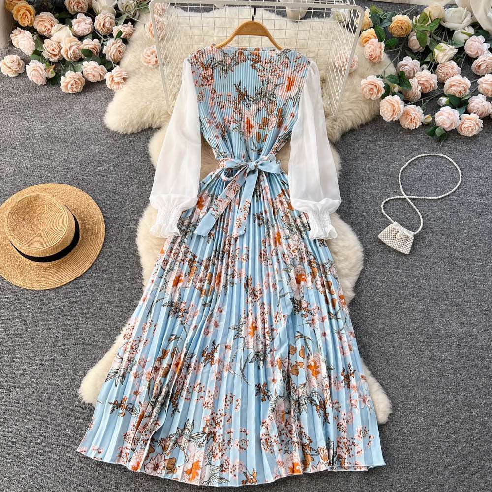 Women's Vintage Floral Pattern Print Long Sleeve Dress with Belt - ChoreGirl