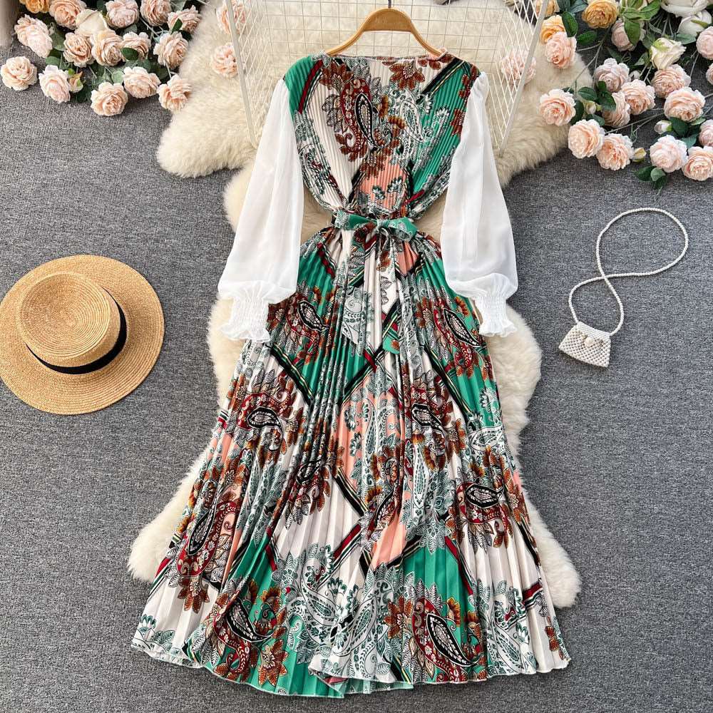 Women's Vintage Floral Pattern Print Long Sleeve Dress with Belt - ChoreGirl
