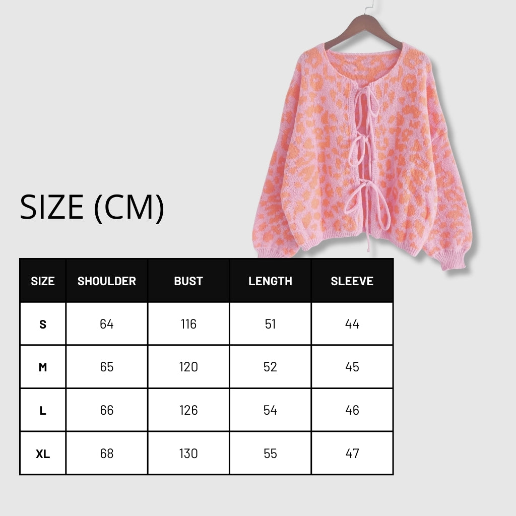 Women's Vintage Look Round Neck Leopard Print Knitted Cardigan with Tie-up Closure - ChoreGirl