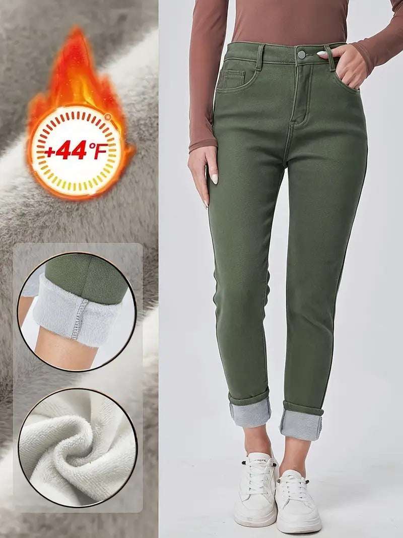 Women's Warm High Waist Slim Fit Skinny Denim Trousers in Dark Green Washed Color
