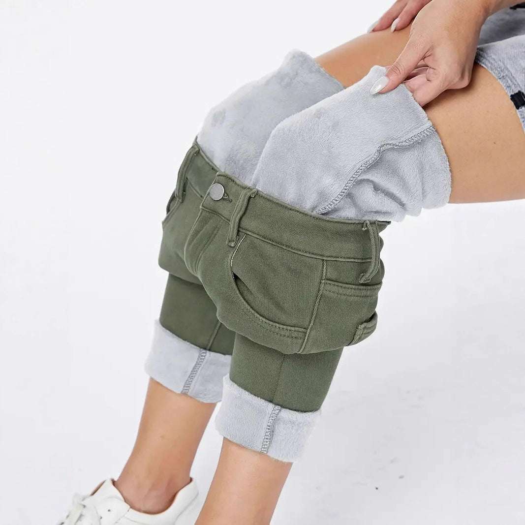 Women's Warm High Waist Slim Fit Skinny Denim Trousers in Dark Green Washed Color
