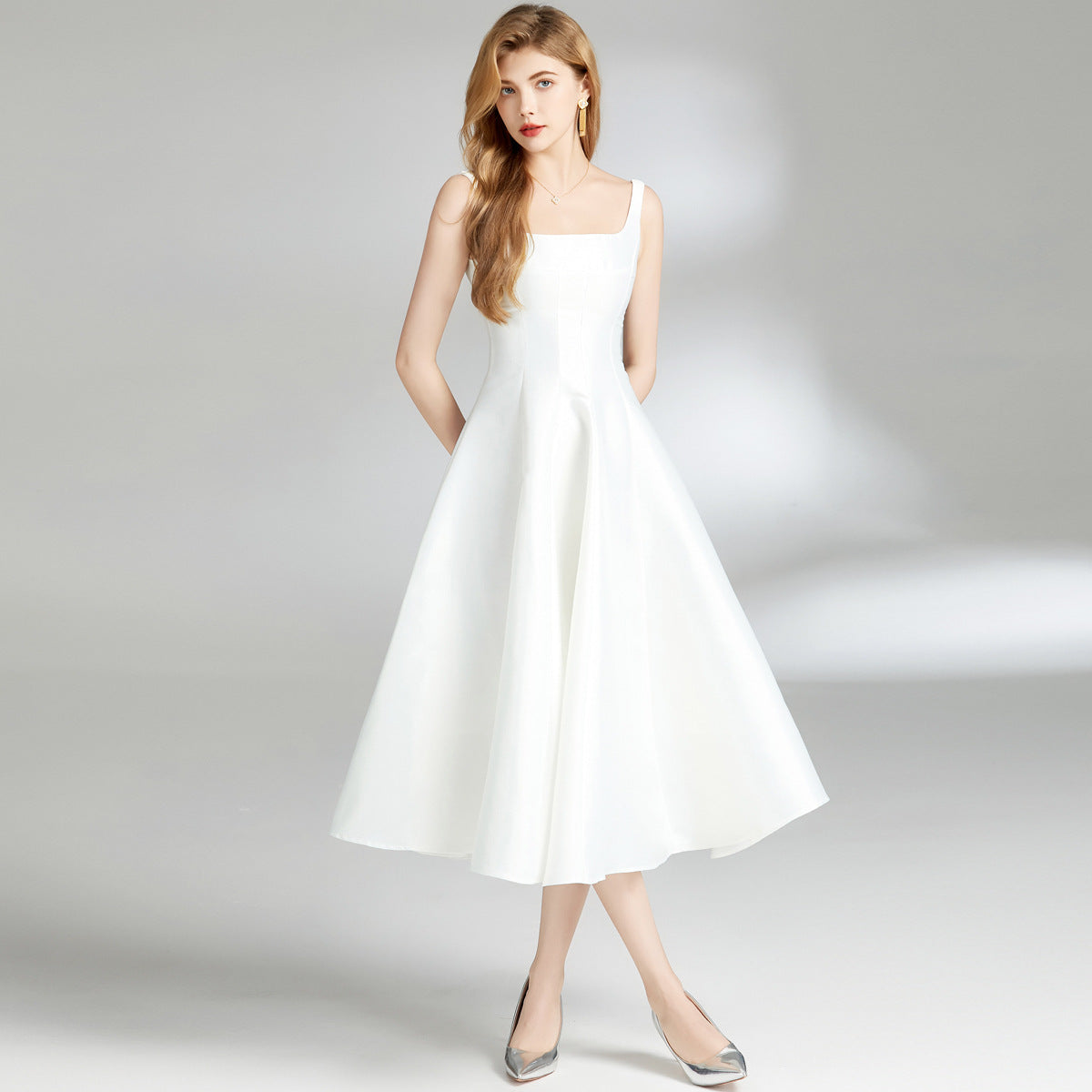 Women's White Waist Sliming Strap Dress - ChoreGirl