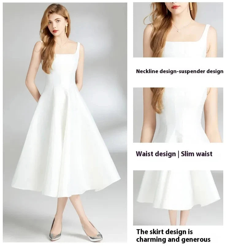 Women's White Waist Sliming Strap Dress - ChoreGirl