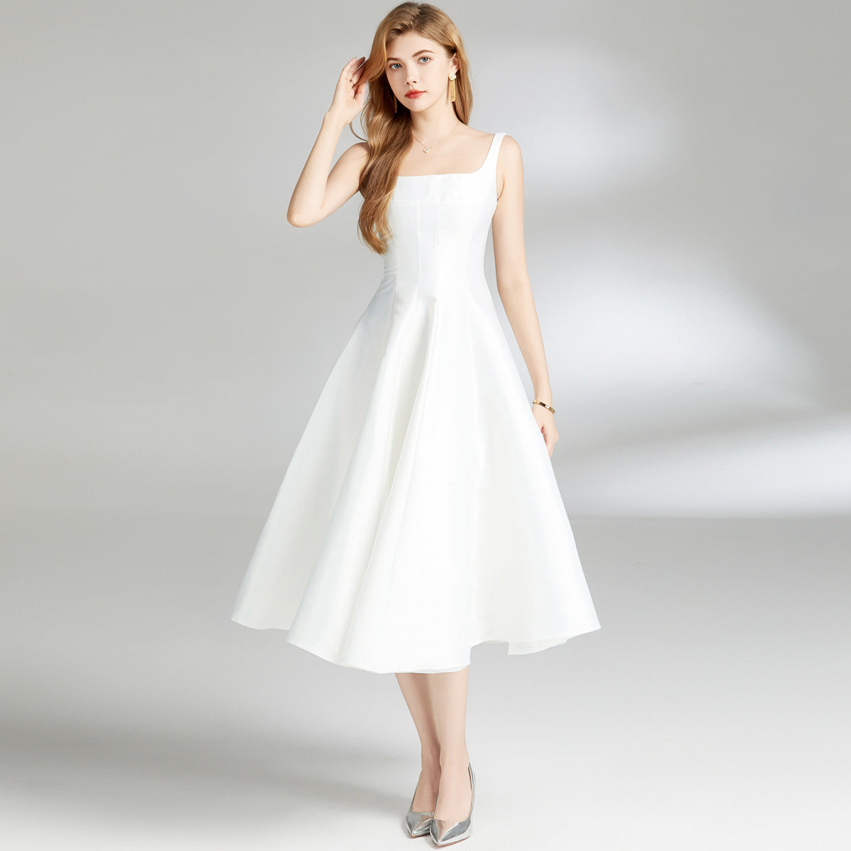 Women's White Waist Sliming Strap Dress - ChoreGirl