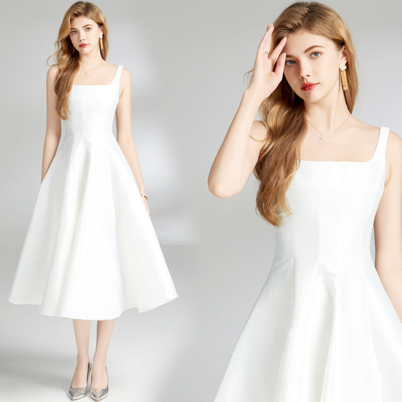 Women's White Waist Sliming Strap Dress - ChoreGirl