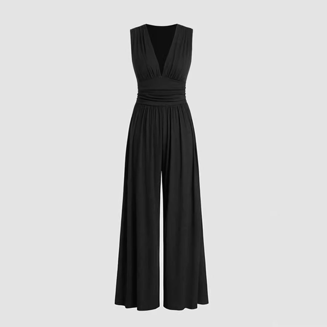 Women's Deep V-neck Pleated Wide Leg Body Shaping Stretch Fabric Jumpsuit - ChoreGirl