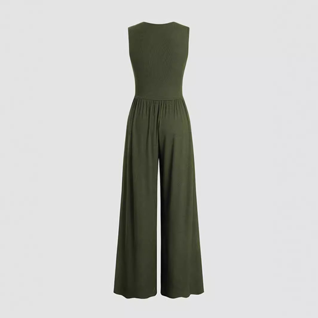 Women's Deep V-neck Pleated Wide Leg Body Shaping Stretch Fabric Jumpsuit - ChoreGirl