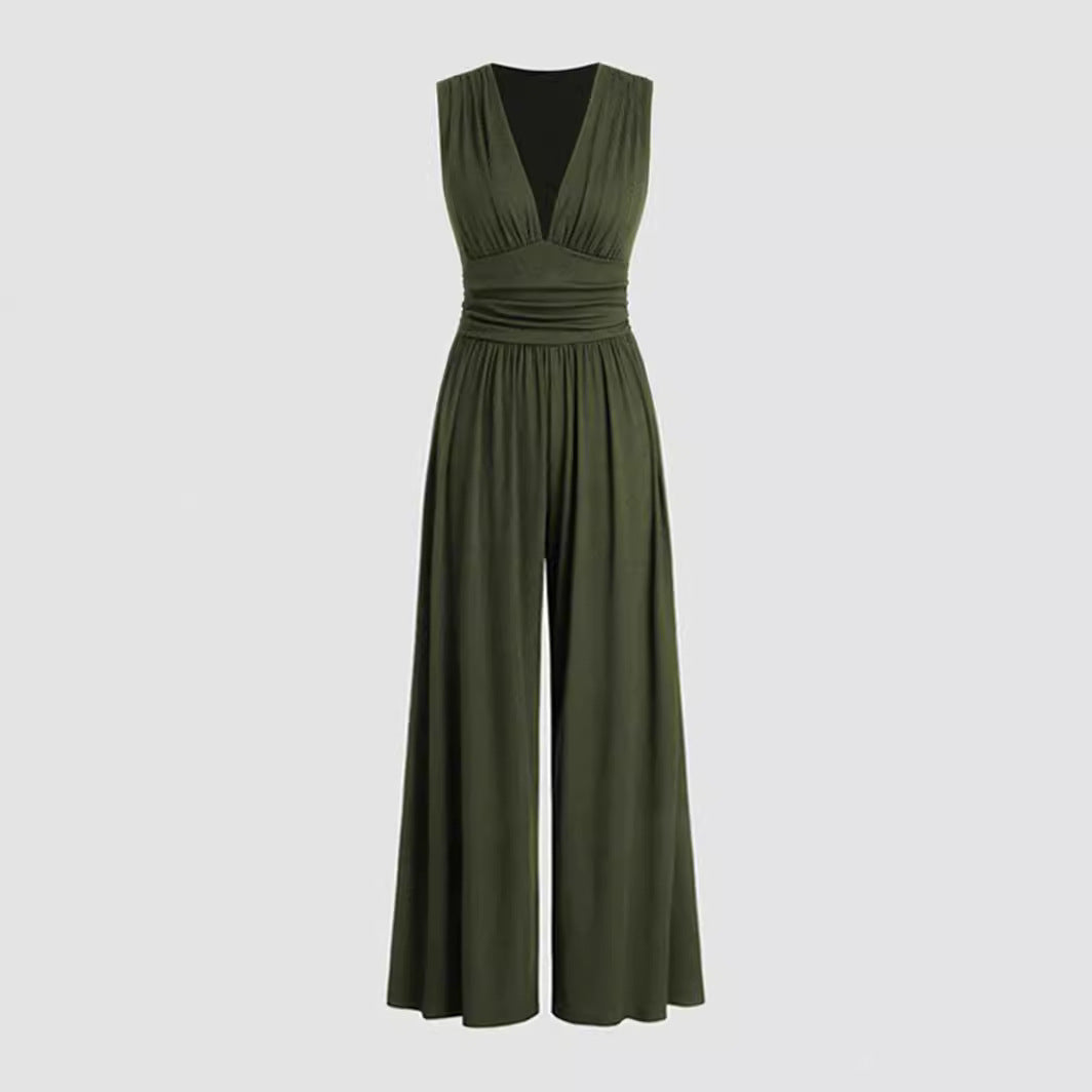 Women's Deep V-neck Pleated Wide Leg Body Shaping Stretch Fabric Jumpsuit - ChoreGirl