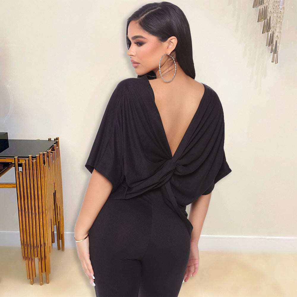 Women's Wide Sleeved Twisted Back Top and Leggings Two-piece Loungewear Set - ChoreGirl