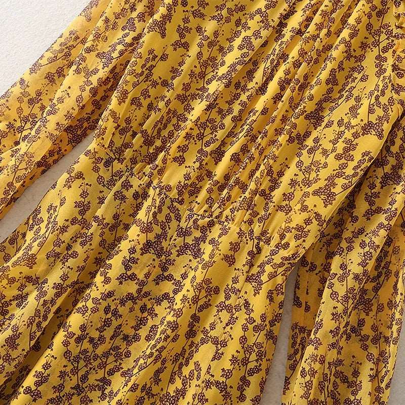 Women's Yellow Floral Print Chiffon Dress With Splits - ChoreGirl