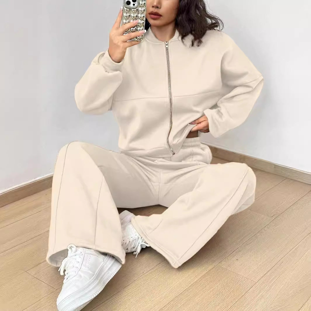 Women's Zip-up Slim Fit Elastic Two-piece Outfit Set - ChoreGirl