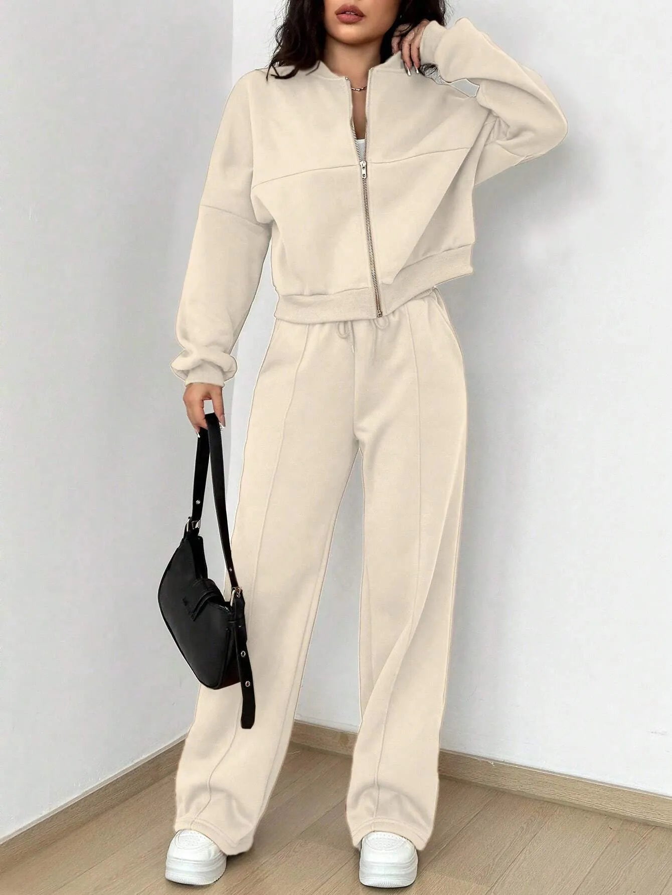 Women's Zip-up Slim Fit Elastic Two-piece Outfit Set - ChoreGirl