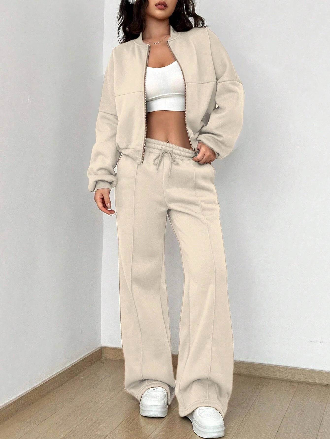 Women's Zip-up Slim Fit Elastic Two-piece Outfit Set - ChoreGirl