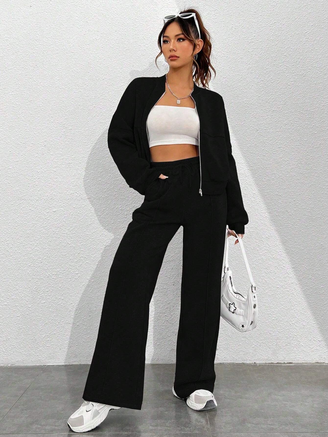 Women's Zip-up Slim Fit Elastic Two-piece Outfit Set - ChoreGirl