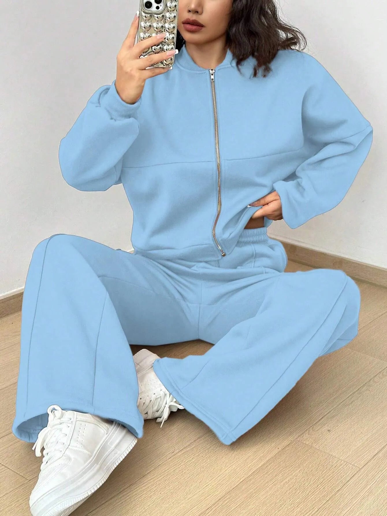 Women's Zip-up Slim Fit Elastic Two-piece Outfit Set - ChoreGirl