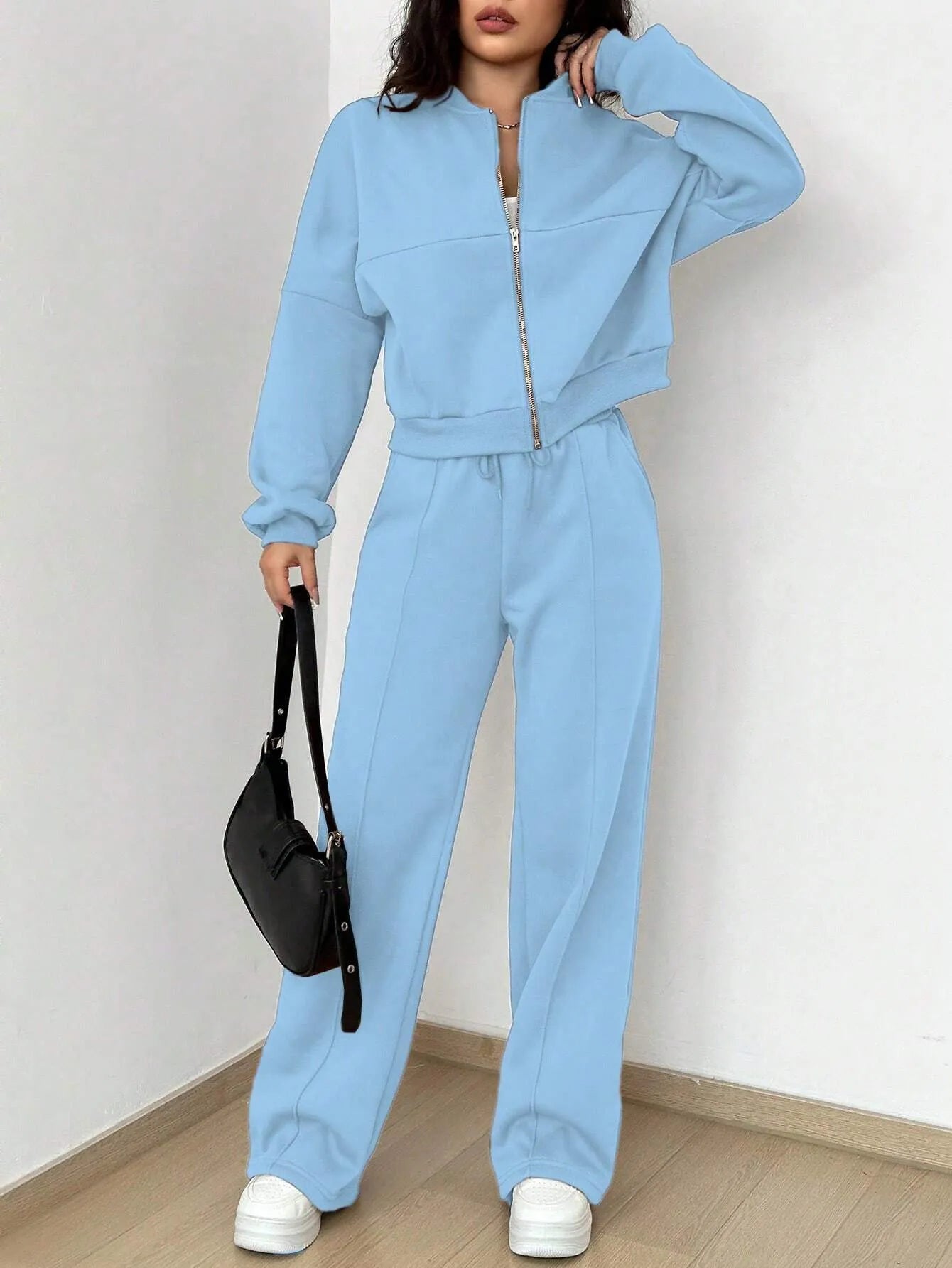 Women's Zip-up Slim Fit Elastic Two-piece Outfit Set - ChoreGirl
