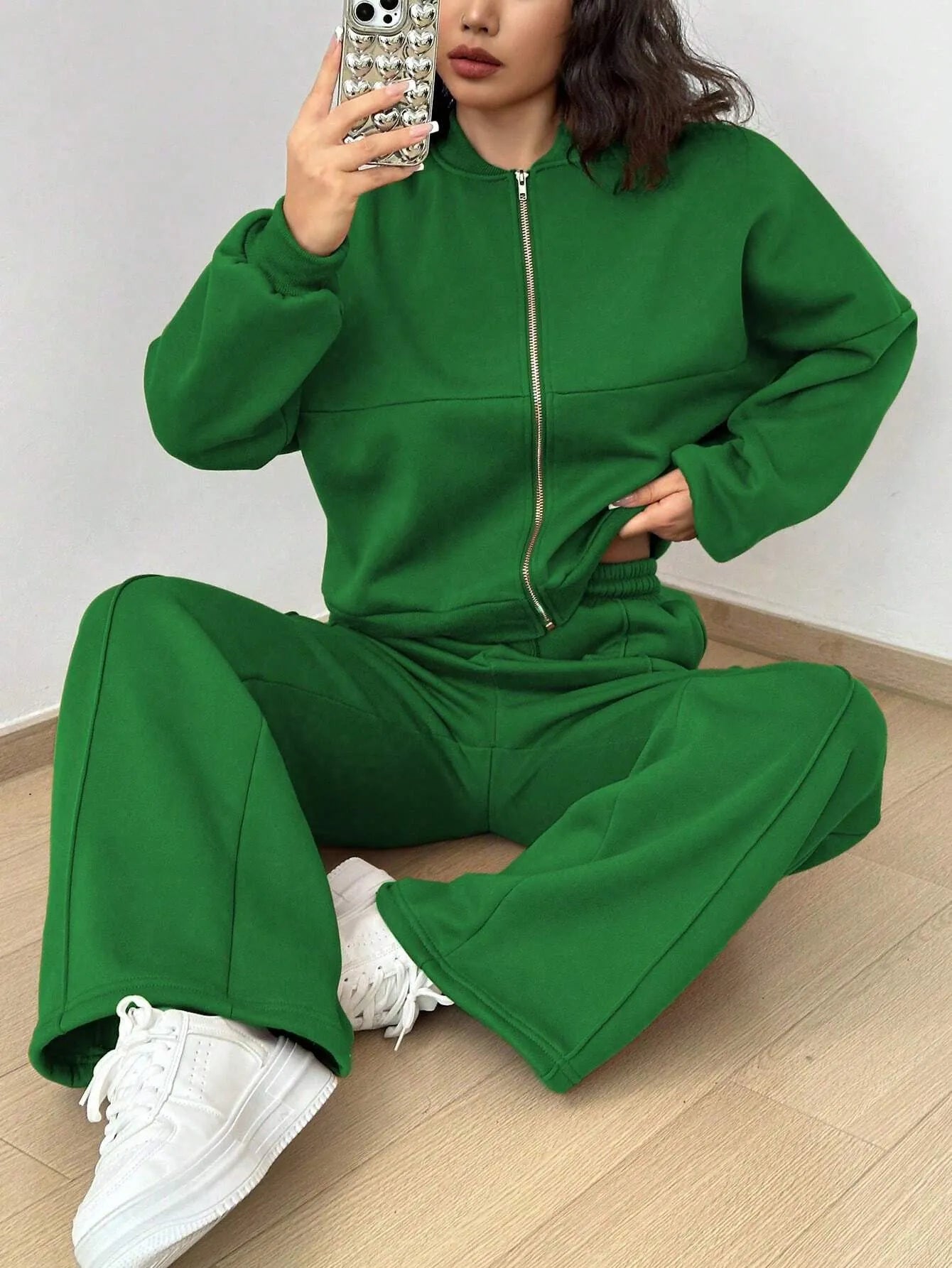 Women's Zip-up Slim Fit Elastic Two-piece Outfit Set - ChoreGirl