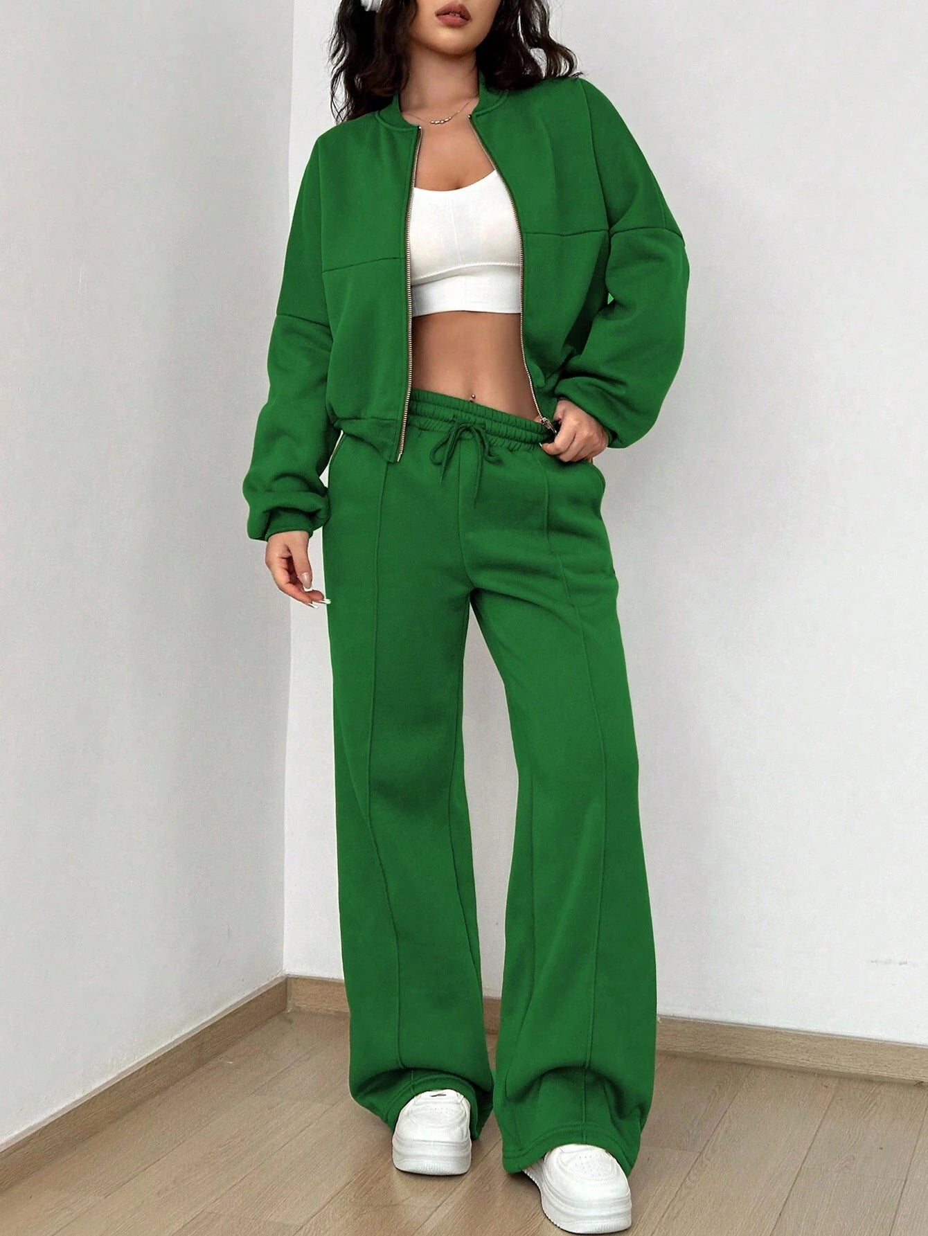 Women's Zip-up Slim Fit Elastic Two-piece Outfit Set - ChoreGirl