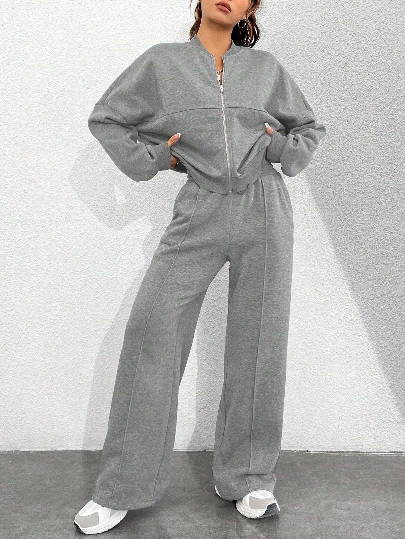 Women's Zip-up Slim Fit Elastic Two-piece Outfit Set - ChoreGirl