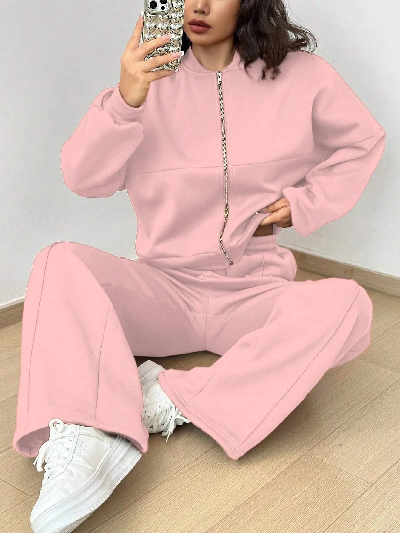 Women's Zip-up Slim Fit Elastic Two-piece Outfit Set - ChoreGirl