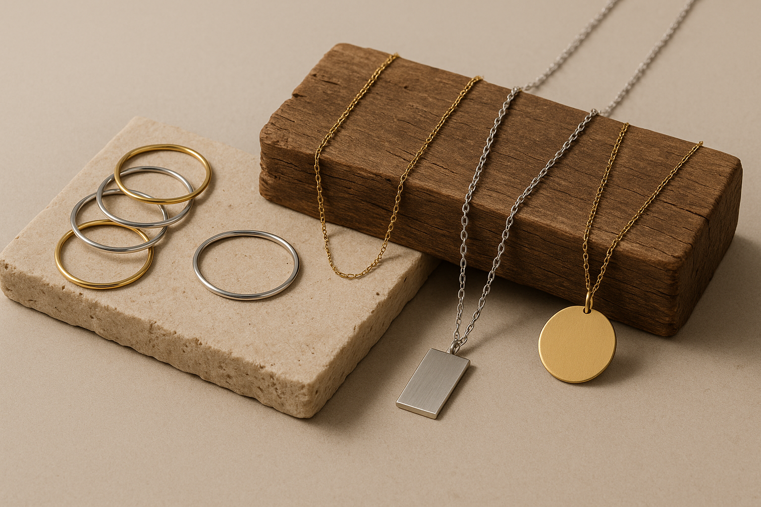 A men's jewelry that aligns with modesty principles and emphasizes sustainability. A subtle jewelry featuring metals like gold, silver, or brass—think delicate chains, stackable rings - that add a touch of elegance without overpowering the overall aesthetic. Ensure the final design reflects a harmonious blend of style, modesty, and environmental consciousness. Professional photoshoot.