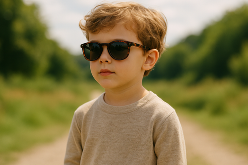 a realistic child model in an outside photoshoot wearing sunglasses. The child is a model for a sunglasses add