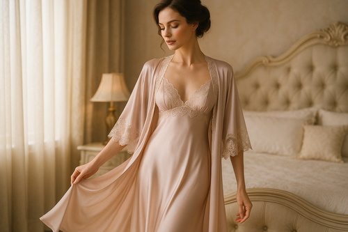 A woman model showcasing a romantic night gown and night robe.