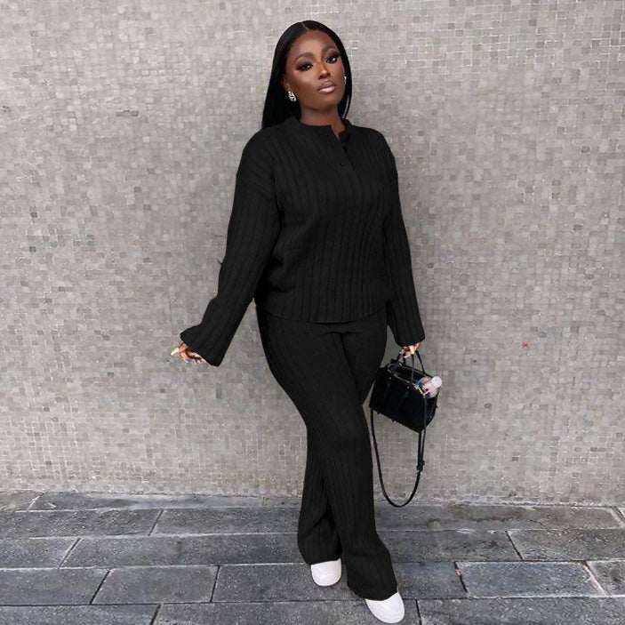 Women's Casual Knitted Long Sleeve Two-piece Outfit Set - ChoreGirl