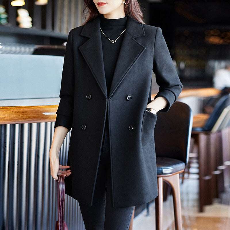 Women's Elegant Suit Jacket Black Double Breasted Coat - ChoreGirl
