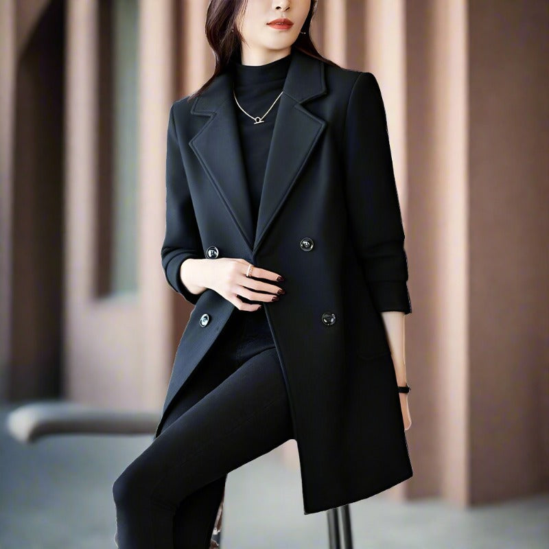 Women's Elegant Suit Jacket Black Double Breasted Coat - ChoreGirl