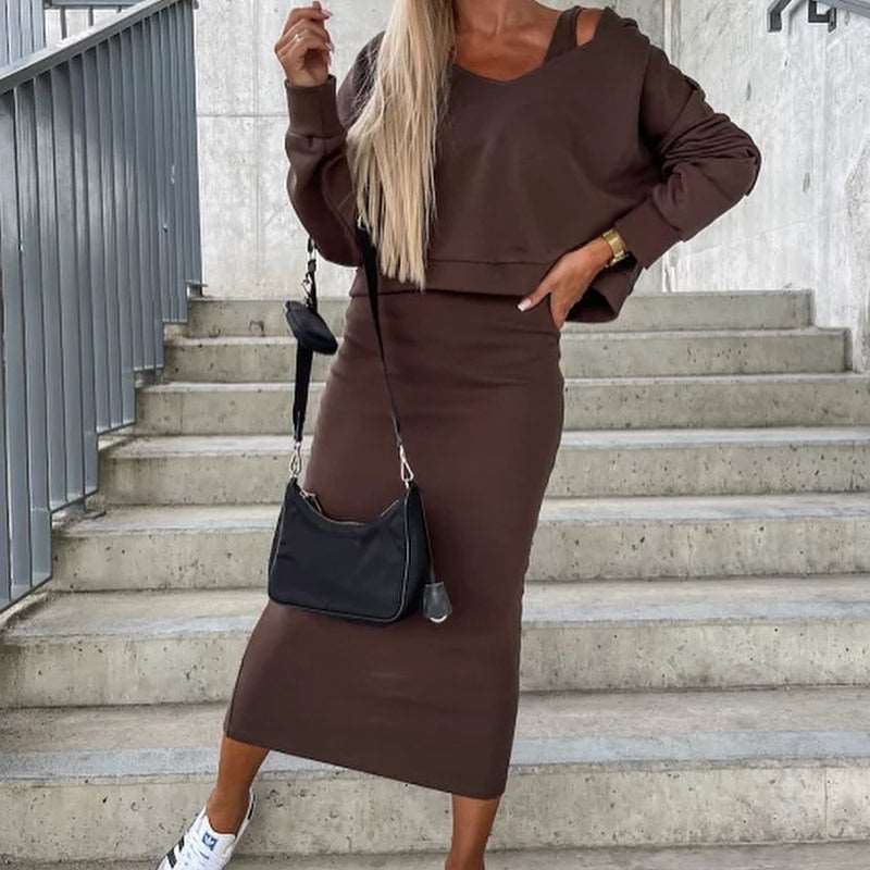 Women's Casual Tight Dress with Cropped Hoodie Two-piece Outfit Set - ChoreGirl