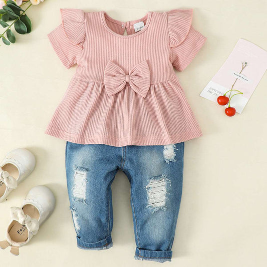 Baby Girl Round Neck Short Sleeved Top and Denim Pants Two-piece Outfit Set - ChoreGirl