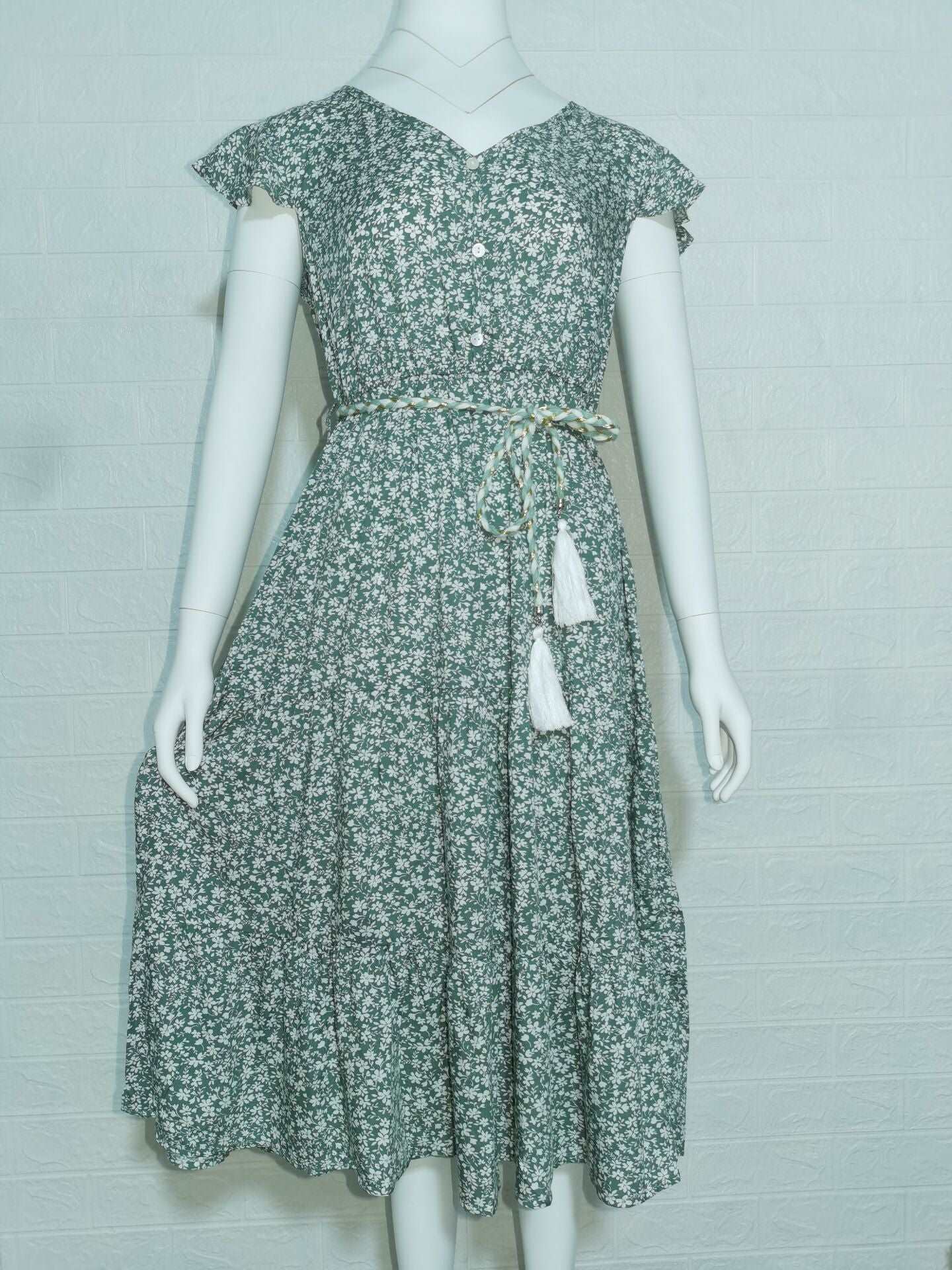 Women's Floral Tied Dress with Rope Style Belt - ChoreGirl