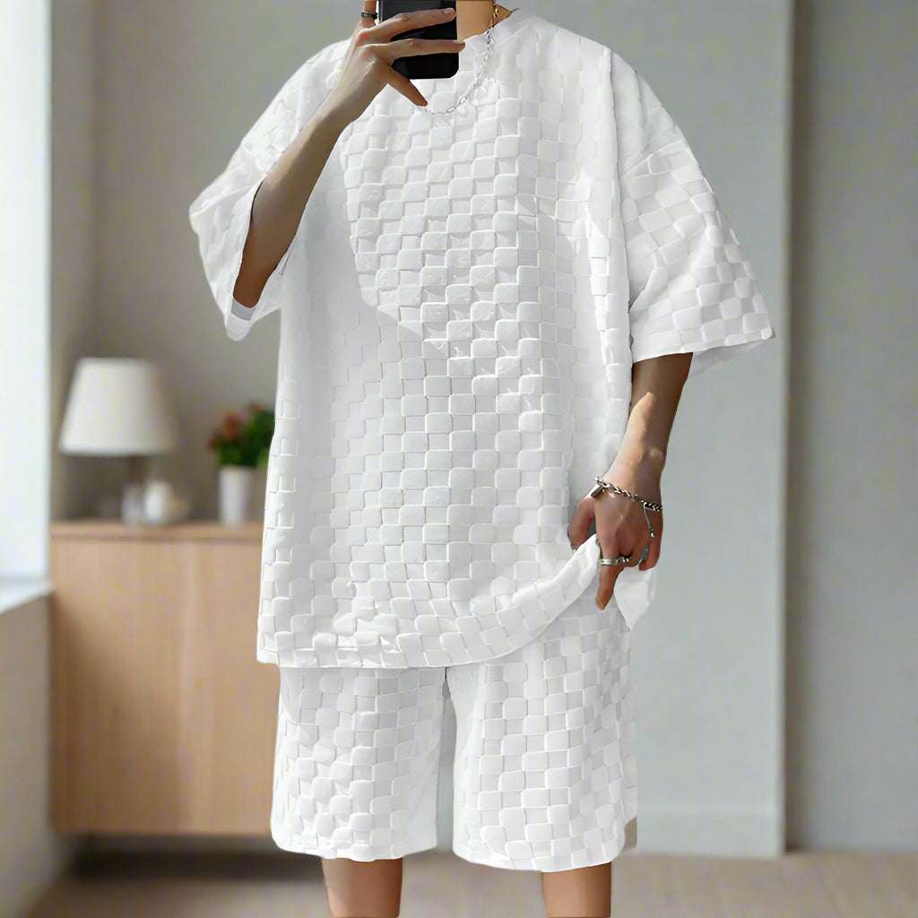 Men's Casual Loose Jacquard Plaid Short Sleeved T-Shirt and Shorts Outfit Set - ChoreGirl