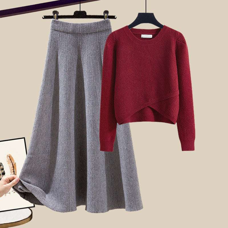 Women's Warm Irregular Style Knitted Sweater and Skirt Outfit Set
