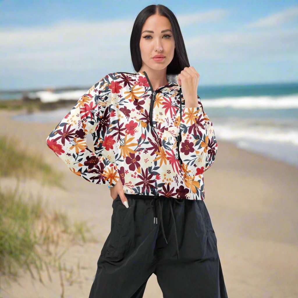 Custom Women’s Flower Garden Pattern Cropped Windbreaker Jacket | PERSONALIZED - ChoreGirl