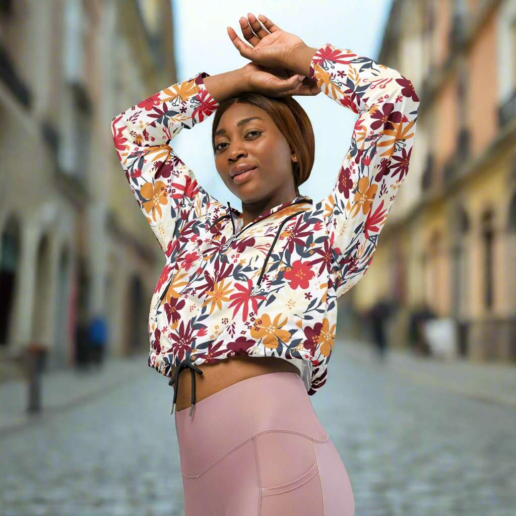 Custom Women’s Flower Garden Pattern Cropped Windbreaker Jacket | PERSONALIZED - ChoreGirl