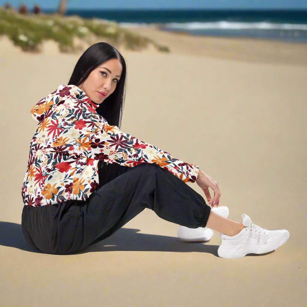 Custom Women’s Flower Garden Pattern Cropped Windbreaker Jacket | PERSONALIZED - ChoreGirl