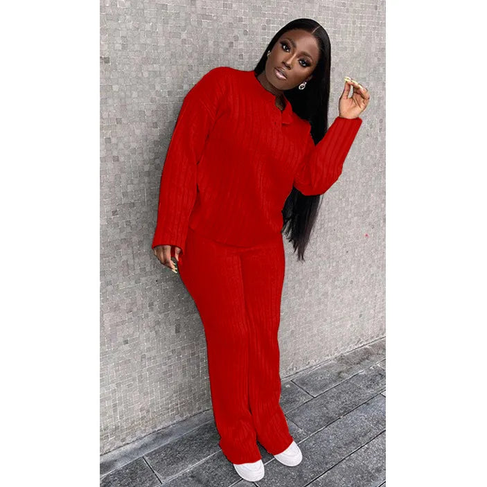 Women's Casual Knitted Long Sleeve Two-piece Outfit Set - ChoreGirl