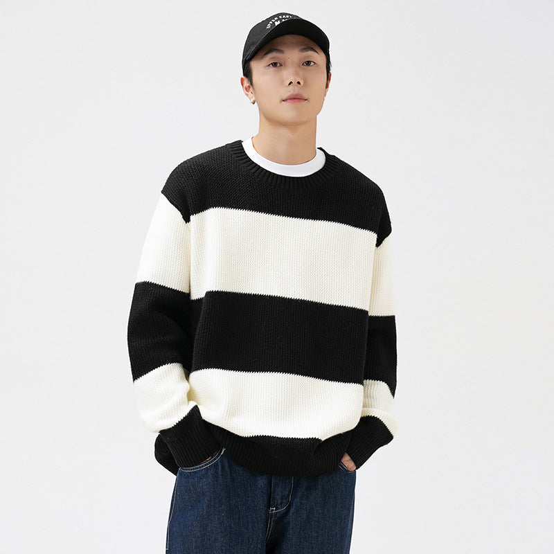 Couples Matching Loose Round Neck Striped Knitted Sweater - ChoreGirl